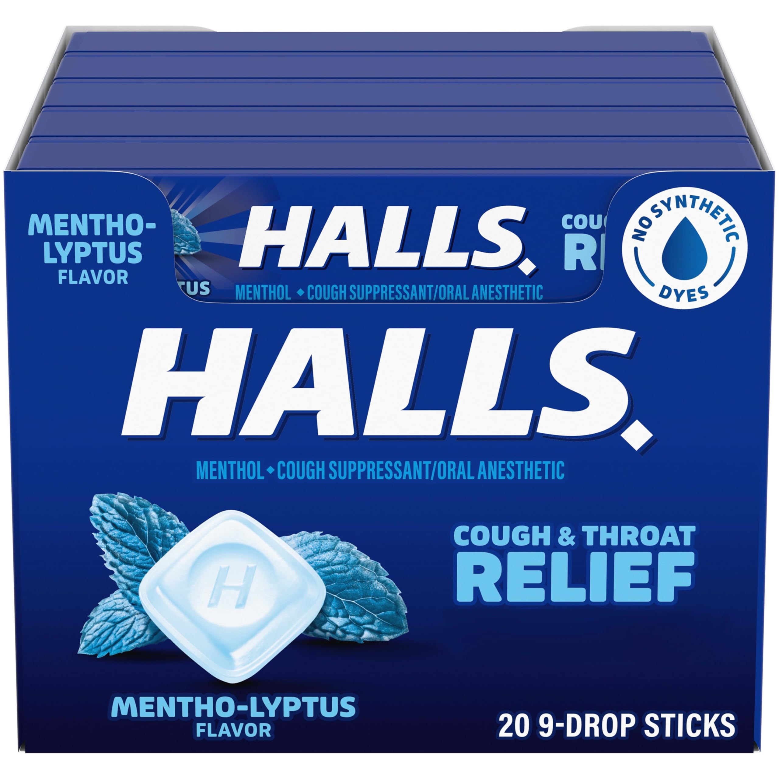 HALLS Cough and Throat Relief Mentho-Lyptus Cough Drops, 9 Sticks (Pack of 20)